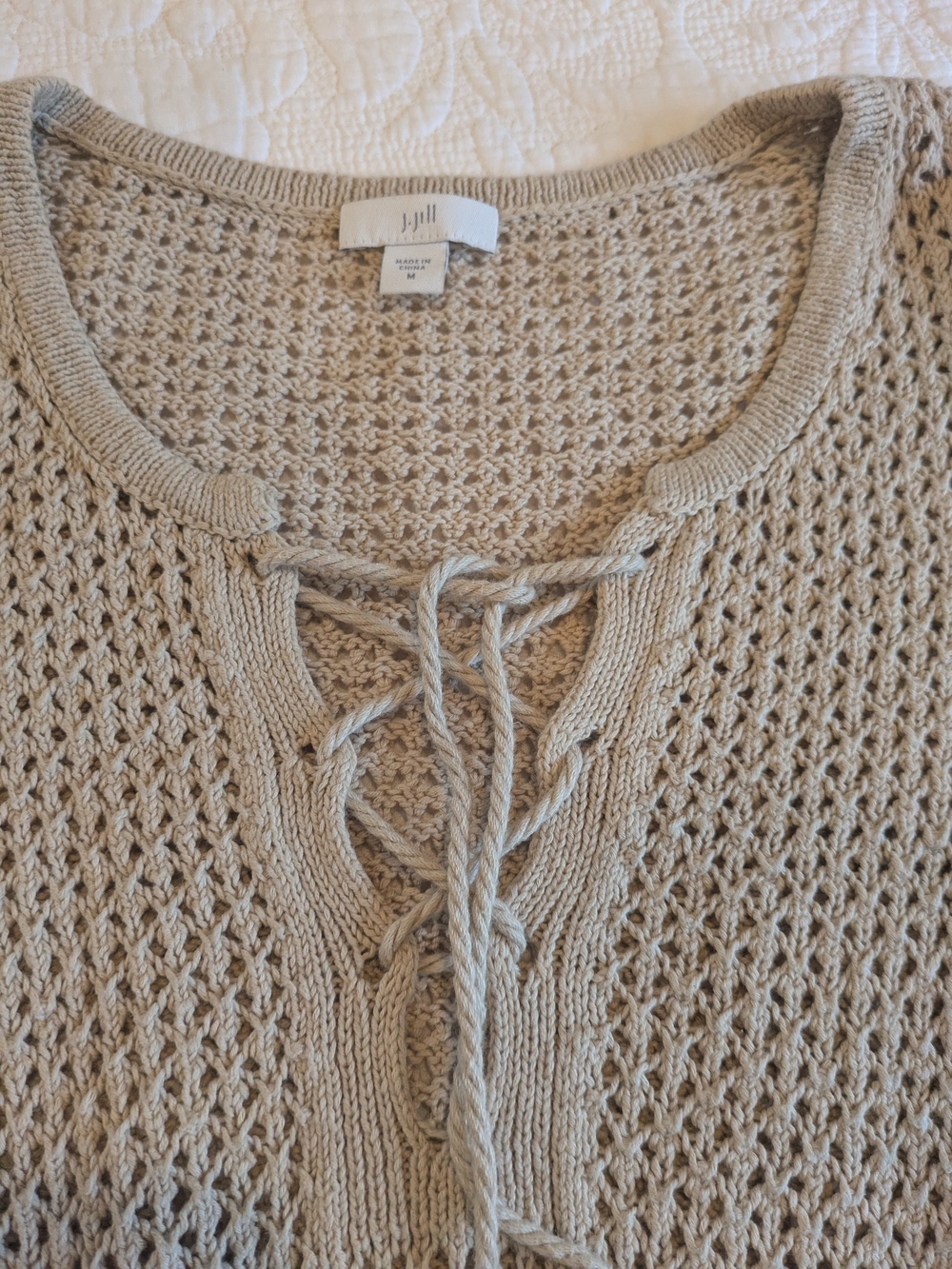 J. Jill Beige Open-Knit Lace-Up V-Neck Sweater